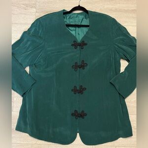 VTG. 100% Silk Green Jacket Mandarin Buttons Padded Shoulders Oversized Lined